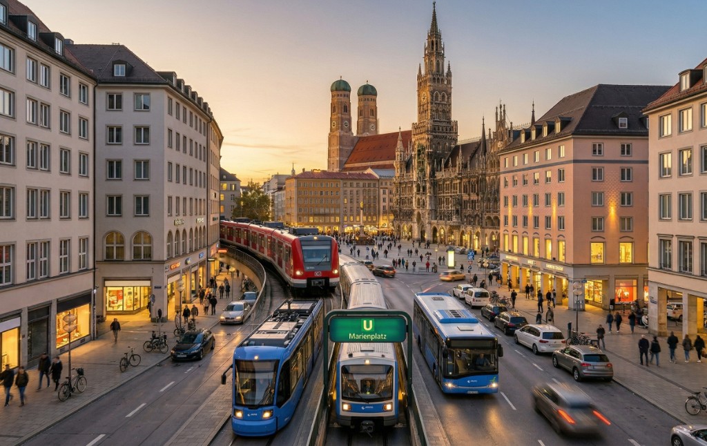 Stilisierte Darstellung von Marienplatz und Münchner Nahverkehr: S-Bahn, U-Bahn, Tram und Bus bei Abendlicht.